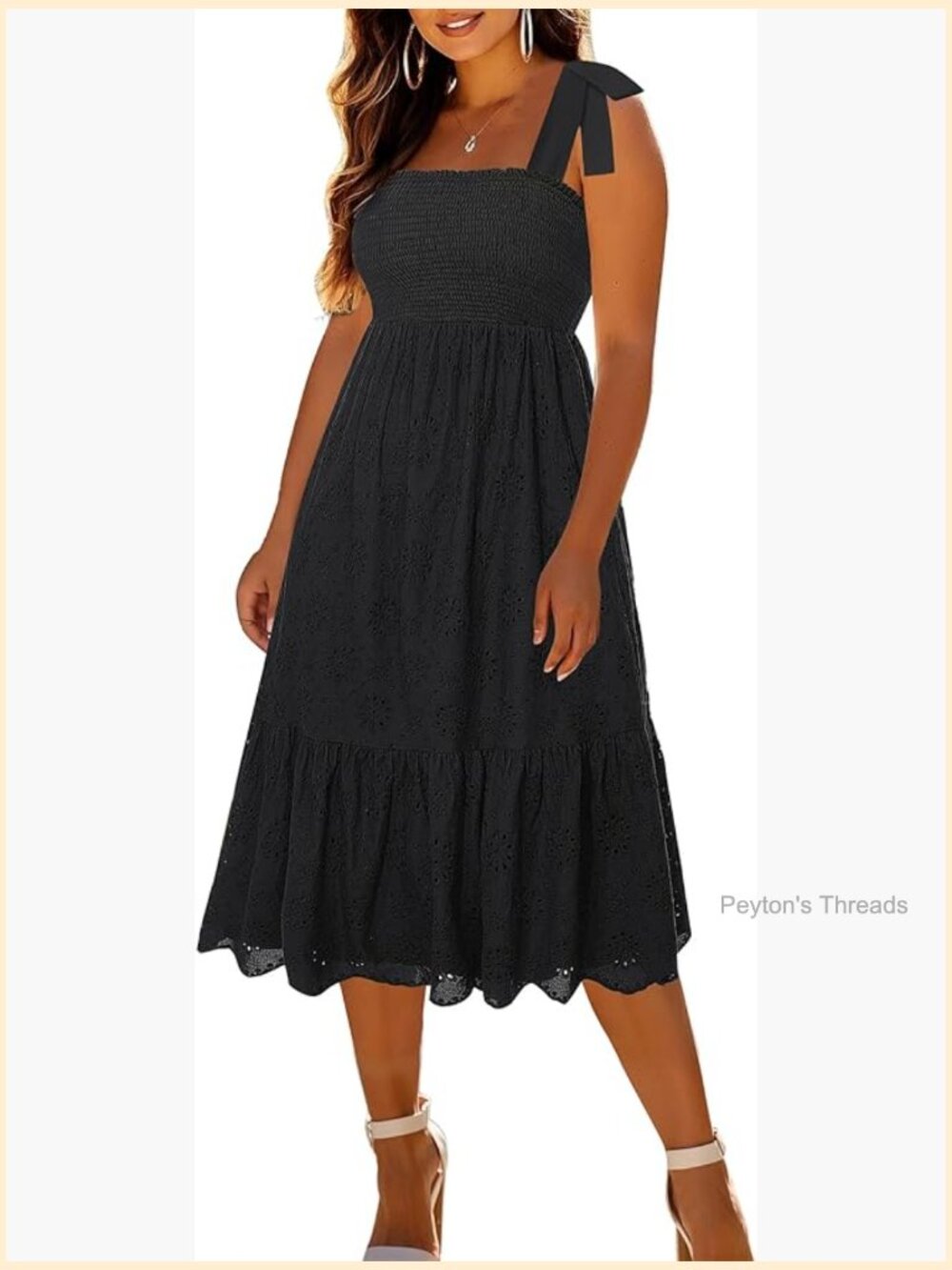Viscose Spandex Smocked Eyelet Midi Sundress Casual Beach Summer Dress